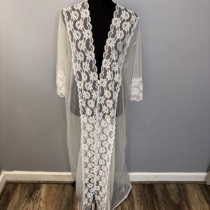 Vintage Sears Long White Lace Robe Sheer Nylon Romantic Wedding  USA Made Size M